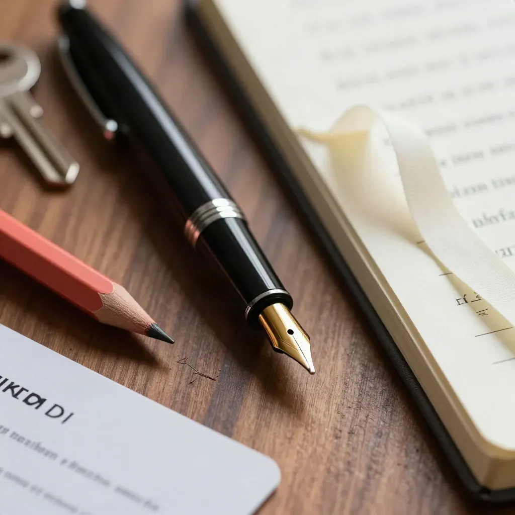 Extreem macro van een vulpen, rood potloodstompje, notitieboek en draftpapier op walnoot