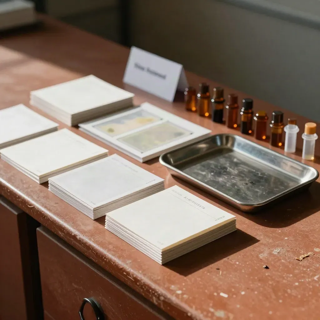 Archiefkaarten, specimenenveloppen en samplecontainers op een terracotta werkvlak.