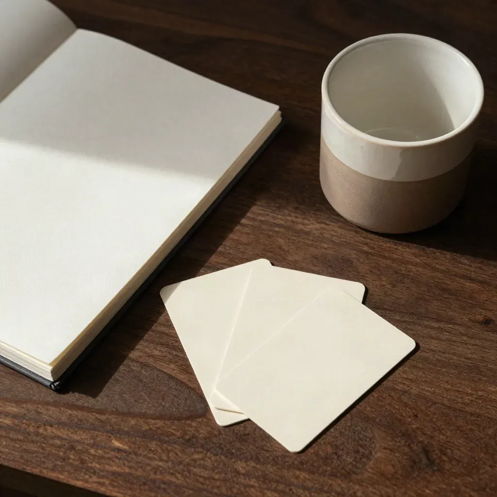 Overhead stilleven van notitieboek, merkkaartjes en keramische proefbeker op donker hout.