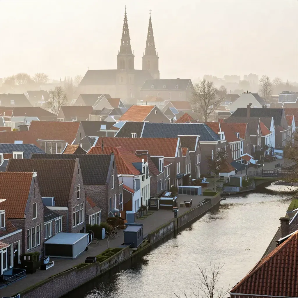 Mistig Haarlem met daken en torens in goud licht, veel rustige ruimte onderin.